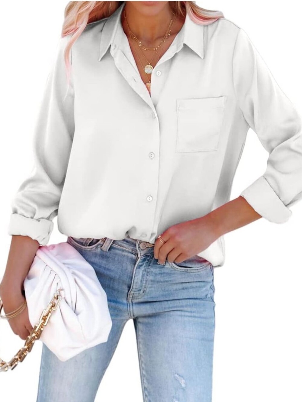 Pausus Button Down Shirts Satin V Neck Long Sleeve Casual Work Blouse Top
